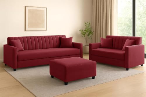 Image of 3+2 Fabric Sofa Set with Ottoman for Living Room | Modern Upholstered 5-Seater Couch | Soft Cushion, Premium Velvet Fabric - Red Color