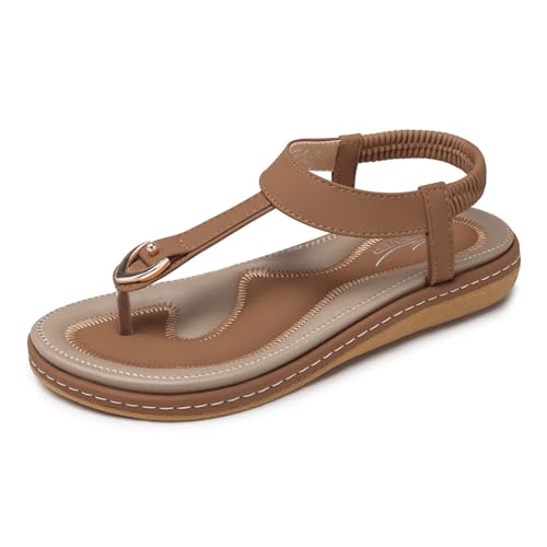 Image of SHIBEVER Womens Sandals Summer Flat: Dressy Casual T-Strap Flip Flop Thong Flats Sandals - Comfortable Walking
