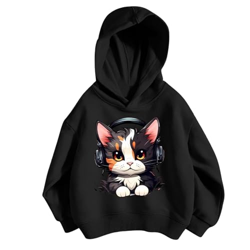 Girls Hoodie for Kids Long Sleeve School Sweatshirt Cat Print Hooded Pullover Kid Girls Casual Loose Jumper Tops Tweens Fall Winter Hoody Activewear Clothes for Childrens Age 3-12 (Black, 3-4 Years)