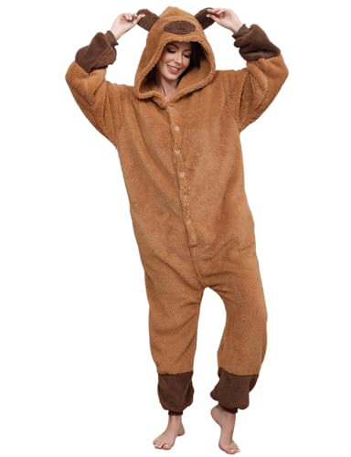 Unisex Pigiama Capibara Cosplay Animale Onesies Pigiama Intero Adulto Morbido e Caldo Pigiama Invernale Pile con Cappuccio e Tasche Ideale Regalo per Costume Carnevale Halloween Natale Capibara L