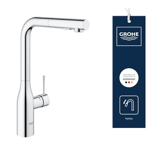 GROHE Essence Pull-Out Kitchen Tap (High L-Spout, Dual Spray Laminar and Jet, 360° Swivel Range, 28 mm Ceramic Cartridge, Protected Against Backflow, Tails 3/8 Inch), Chrome, 30270000