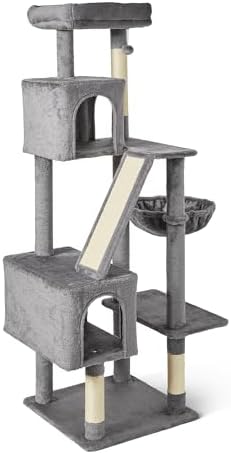 Amazon Basics Árbol para Gatos de Interior, Torre para Gatos de Varios Niveles con rascador, acogedora Hamaca y Perchas para Gatos Adultos, Pelota Colgante interactiva, L – 152,7 cm de Altura, Gris