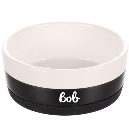 Petslino - Ciotola personalizzata per cani Duke in ceramica nera e bianca con anello antiscivolo (M)