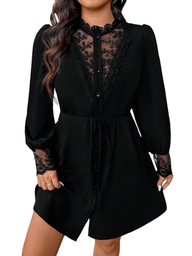 GORGLITTER Damen Kleid Elegant Langarmkleid mit Spitze Große Größen Blusekleid Tunikakleid Büro Outfit Herbstkleid Partykleid Schwarz 1XL