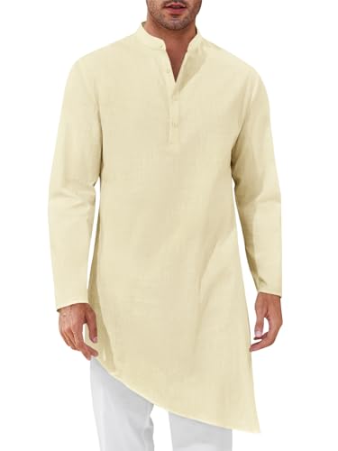 Runcati Mens Kaftan Robe Thobe Cotton Long Sleeve Henley Shirt Casual Muslim Gown Kurta Tops Beige