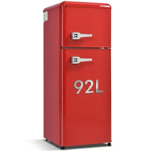Lahoomu Retro-Kühlschrank Kühl-Gefrier-Kombination 92 Liter (mit 28 Liter Gefriervolumen) 116 kWh/Jahr 105.5 cm hoch Zweitürig -27C ~13C LED-Licht Rot