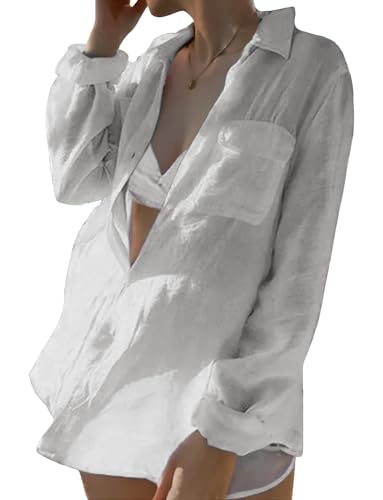 FEOYA Camisa feminina de linho de manga comprida com botões e saída de praia, Branco, One Size