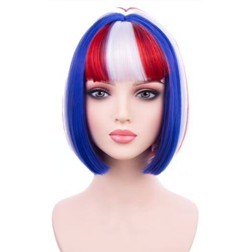 Image of PATTNIUM Blue Red White Wig with Bangs for Women Girls 4th of July Short Bob Wigs Fourth of July Party Heat Resistant Synthetic Wig(Small Net)