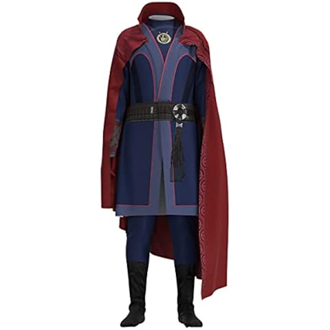 Dr Strange Cosplay Costume Movie Multiverse of Madness Superhero Deluxe Jumpsuit Red Collar Cape Outfit for Halloween Carnival Party Outfits for Adult Kid Cover