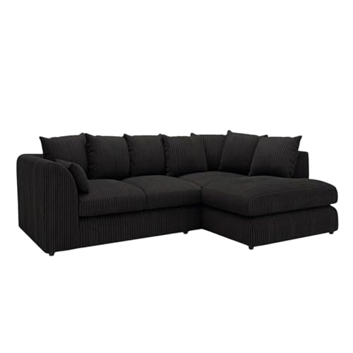 New Gamzo Fabric Corner Sofa Firm | Soft Jumbo Cord 3-4-5 Seater Corner Sofa Left/Right Hand Facing) (Black Right Hand Facing)