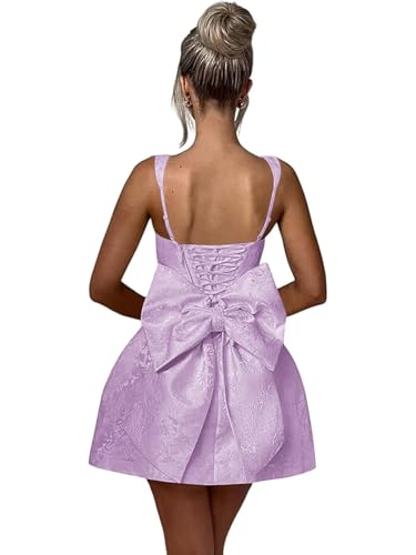 Image of Women's Satin Short V Neck Homecoming Dresses for Teens A Line Ruched Lilac Lace Up Mini Tight Prom Cocktail Party Gown with Bow 2025 US10