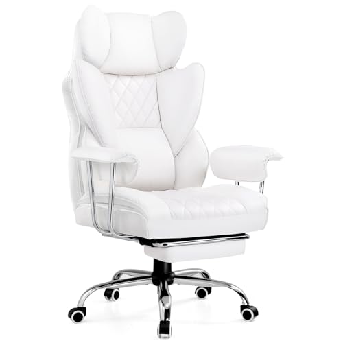 GTPLAYER Gaming Chair Executive Office Desk Chair with Footrest Ergonomic Heavy Duty High Back Lumbar Support Home Recliner Swivel Computer Chairs White