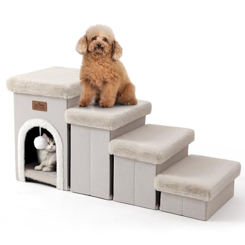 COZY KISS Haustiertreppe für Kleine Hunde mit Stauraum Und Wohnung, Hundetreppe Faltbare für Sofa Couch, Hunde Treppe mit Rutschfestem Boden, Lecksichere, Bis Zu 80kg (Beige, 33x89x45, 4)