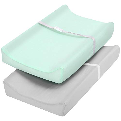 Image of TILLYOU Changing Pad Cover Set in Soft Jersey Material - Fits 32"/34''x16" Contoured Pad for Babies, Lt Green & Lt Gray