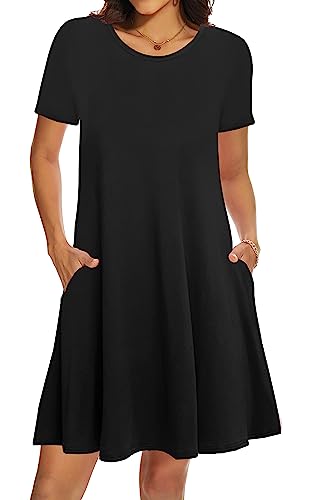 Casual Summer Dresses For Women Beach Sun Dress Short Sleeve Tshirt Dress With Pockets Black Small #TOP7