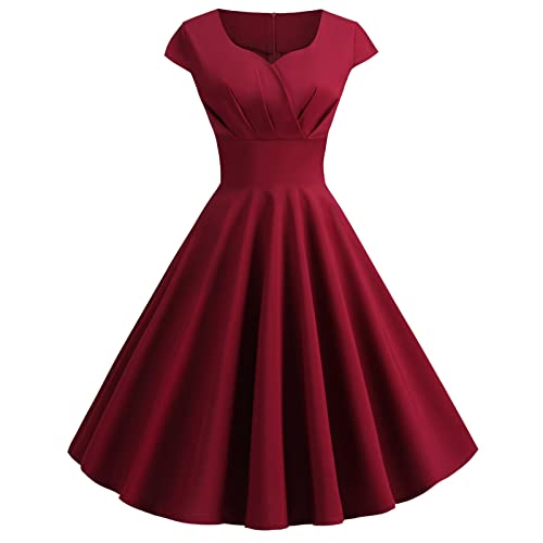 Cihdmfb Abendkleid Damen 1950er Vintage Retro Cocktailkleid Partykleid Rockabilly V-Ausschnitt Kurzarm Faltenrock Elegant EinfarbigA Linien Swing...