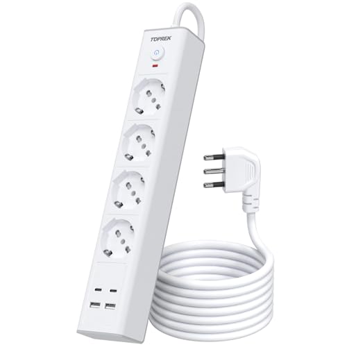 TOPREK Ciabatta Multipresa Elettrica con 4 Prese e 2 USB A 2 USB C, 2M Cavo
