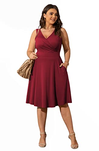 Image of POSESHE Womens Plus Size Dresses Sleeveless Wrap V-Neck Sundress Casual Summer Wedding Guest Cocktail Dress with Pockets