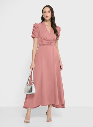 Image of Sugathari Women Women's V-Neck Maxi Dress, A-Line Style, Puff Sleeves, Cinched Waist 246
