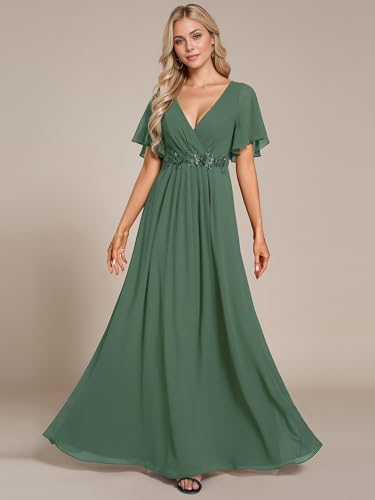 Image of Ever-Pretty Women's Spring Short Sleeve Bridesmaid Dresses V-Neck Chiffon Ruched Empire Waist Appliques Long Formal Dress