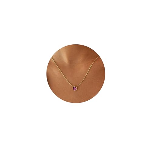 Turandoss Pink Sapphire Birthstone Necklaces for Women, 14K Gold Plated Birthstone Necklaces for...