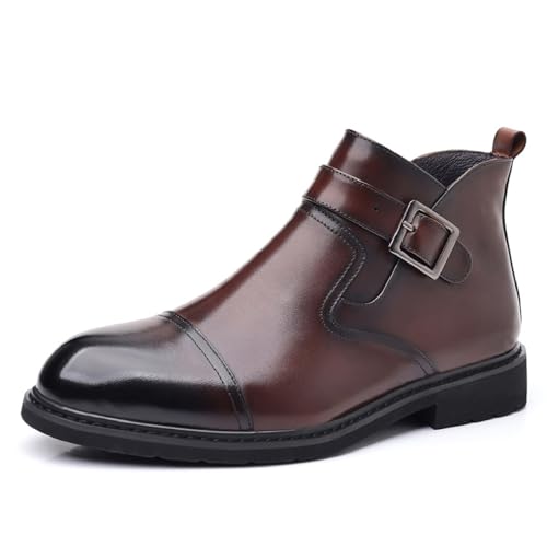 Men's Genuine Leather Buckle Strap Chelsea Ankle Boots with Side Zipper Formal Comfortable Block Heel Chukka Booties for Wedding Office Business Dress Boots