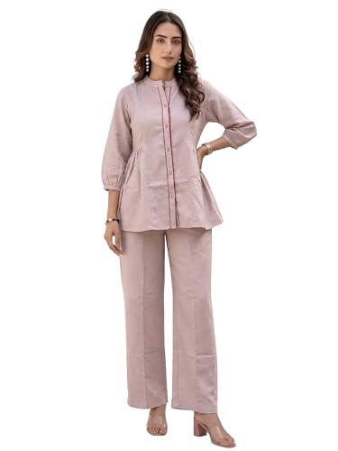 TAGDO Co Ord Set for Women Stylish | Linen Kurta Set for Women | Mandarin Neck & Button Kurti Tops with Straight Fit Pants | Casual, Office & Travel Wear Two-Piece Outfit (2062)
