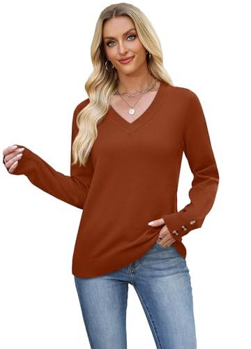 WIHOLL Lightweight Sweaters for Women Long Sleeve V Neck Knit Outfits with Decorative Buttons4