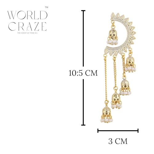 Image of WORLD CRAZE Multicolour long kashmiri jhumka for women chandbali earrings chand baliyan | kashmiri earrings for women | bahubali earrings stylish | Traditional Indian Festive Jewelry | Long Chain Tassels | Pearl Drop Latkan Jewellery (Multi colour)