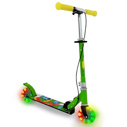 LED Tretroller Kinder ab 4 Jahre klappbar, höhenverstellbar für 4-10 Jahre, Faltbarer Scooter mit LED-Beleuchtung, Zwei LED-Räder, Kinderroller Velotouro FASports mit Handbremse (Hellgrün, Gelb, Rot)