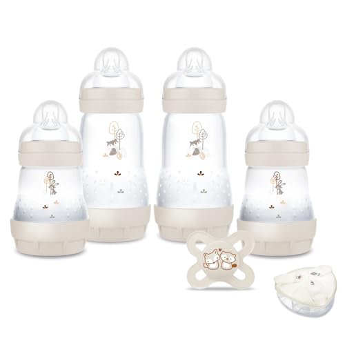 MAM - Mon coffret Naissance (6 produits) Sable – 4 biberons Easy Start Anti-Colique + 1 sucette Naissance + 1 boîte doseuse offerte – Cadeau de naissance idéal avec biberons et tétine ultra douce