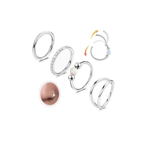 Uni-J 4PCS Nose Ring Hoop for Women Men Hinged Double Nose Hoop CZ Opal Clicker Septum Ring 18G Surgical Steel Cartilage Conch Tragus Rook Daith Piercing Jewelry Gold Silver 7/8/9/10MM