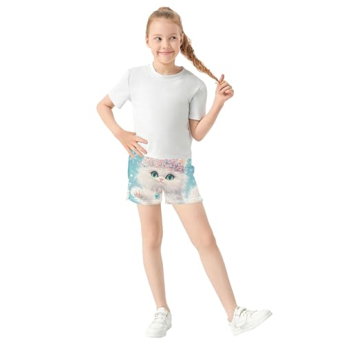 Girls Athletic Lounge Shorts Cute White Cat Print Pink Hat Blue Comfy Pajama Sleep Summer Clothes, X-Small2