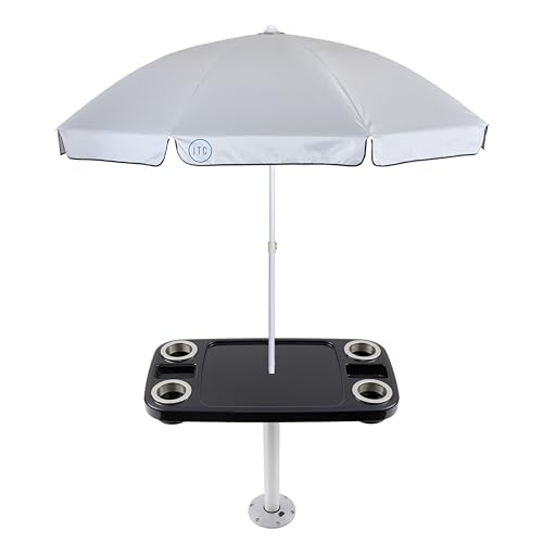 Manufacturers' Select ITC Boat Table w/Tilting and Adjustable Height Umbrella Set - Large Table Top, Pedestal Table Leg, 4 Large Drink Holders, 2 Phone Slots (Glossy Black w/Silver Leg)