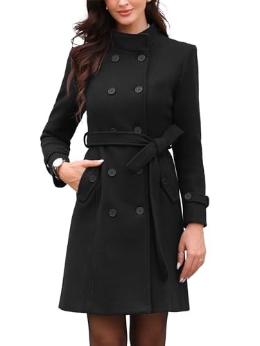 Allegra K Pea Coats for Women Stand Collar Double Breasted Trench Peacoat Long Winter Coat with Belt 2025