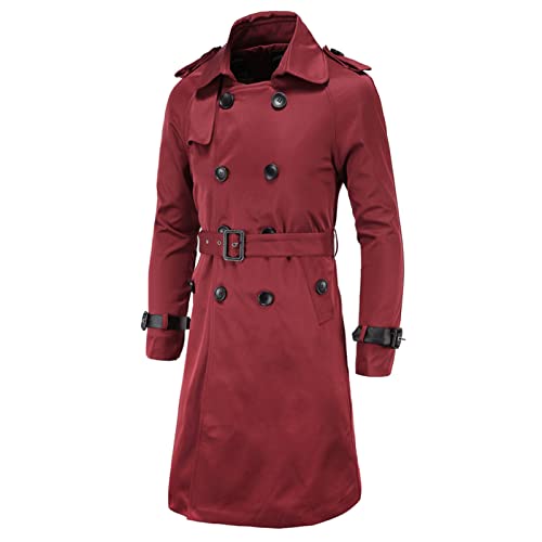 Maiyifu-GJ Men's Double Breasted Trench Coat Stylish Slim Fit Mid Long Belted Windbreaker Lapel Military Jacket with Belt (Red,Large)