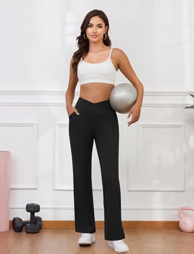 Womens Wide Leg Yoga Pants Crossover Work Dress Pants Lounge Sweatpants Casual Trousers with Pockets4
