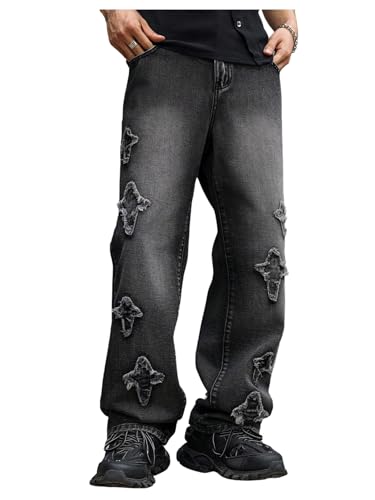 Verdusa Men's Frayed Raw Hem Jeans Straight Leg Washed Denim Pants with Pockets Streetwear