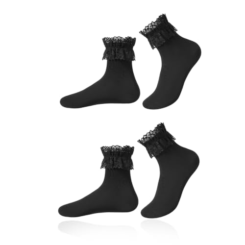 Meameii Black Lace Ruffle Socks 2-Pack Frilly Ankle Socks Fashion Ruffled Sock Soft Lace Sock for Everyday Outfits Style
