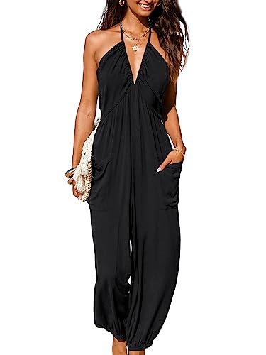 CUPSHE Women's Plunge Halter Sleeveless Pleated Long Romper Knit Jogger Maxi Jumpsuit with Pockets