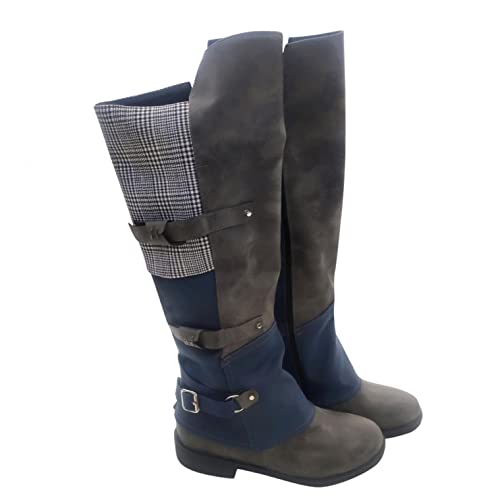 Hbeylia Boots For Women Vintage Slouchy Plaid Leather Round Toe Chunky Block Low Heels Pullon Wide Mid Calf Riding Work Boots Boho Casual Metal Buckle Winter Fall Long Tall Combat Boots4