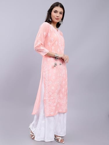 Image of Seva Chikan Hand Embroidered Lucknowi Chikankari Terivoil Cotton Regular Fit Straight Kurta for Women SCL4351
