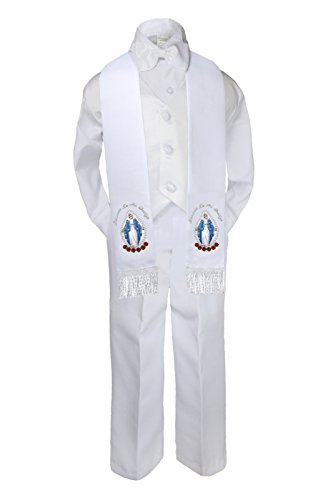 Unotux 5pc Baby Toddler Boy Color Virgin Mary Stole Baptism Christening Vest Suit SM-7 (2T, Silver in Spanish with Bow Tie)
