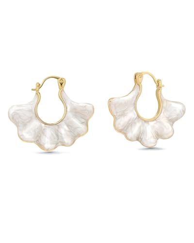 18K gold plated White Cream Enamel Flower Stud Statement Earrings for Women by SNGIA, Dainty Bold Retro Handmade Trendy Natural Sea Summer Boho Seashell Beach Fan Shape Summer Vacation Huggie Bohemian Jewelry Gifts Accessories