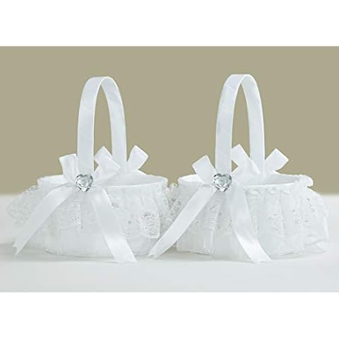 ATAILOVE Wedding Flower Girl Baskets, Flower Baskets for Flower Girl Lace Skirt Rhinestone Collection White Cover
