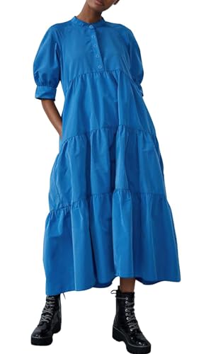 Image of chouyatou Women's Summer Puff Sleeve Maxi Tiered Babydoll Dress Casual A-Line Swing Long Shirt Dress