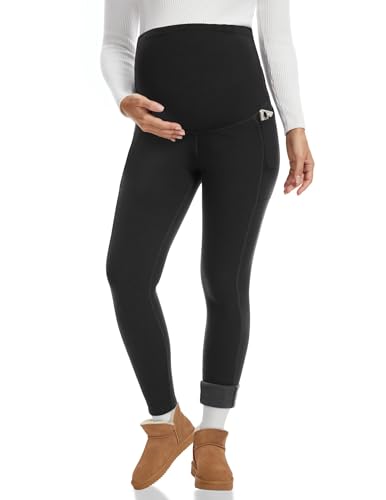 Happy.angel Women's Maternity Fleece Lined Leggings with Pockets Thick Thermal