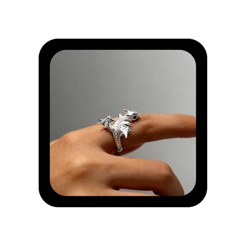 Andelaisi Boho Flying Dragon Open Wrap Knuckle Ring - Silver Ancient Dragon Punk Adjustable Stacking Jewelry for Women