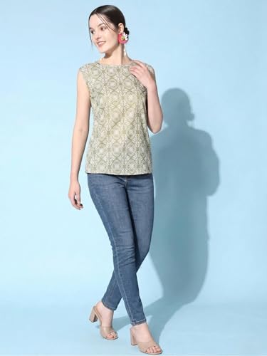 Image of Sleeveless Kurti for Women Pure Cotton Stylish Round Neck Printed Ethnic Short Kurti Jeans Top Casual Office