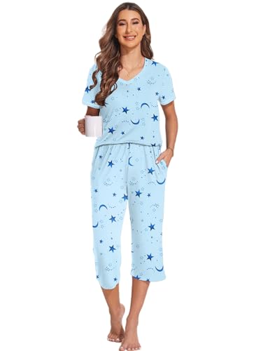 Ekouaer 2 Pack Women's Sleepwear Capri Pajama Sets Short Sleeve Two-Piece Pjs V Neck Tops & Capri Pants with Pockets S-3XL - Image 3
